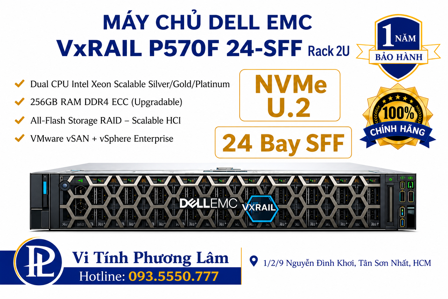 DELL EMC PowerEdge VxRAIL P570F NVMe Server | 24 Bay SFF  | Dual Xeon Platinum 8269CY (52 Core / 104 Threads) | Ram ECC 128Gb | Rack 2U